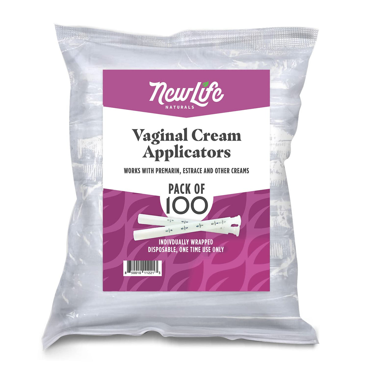 NewLife Naturals disposable vaginal applicator pack, individually wrapped for hygienic single-use convenience.