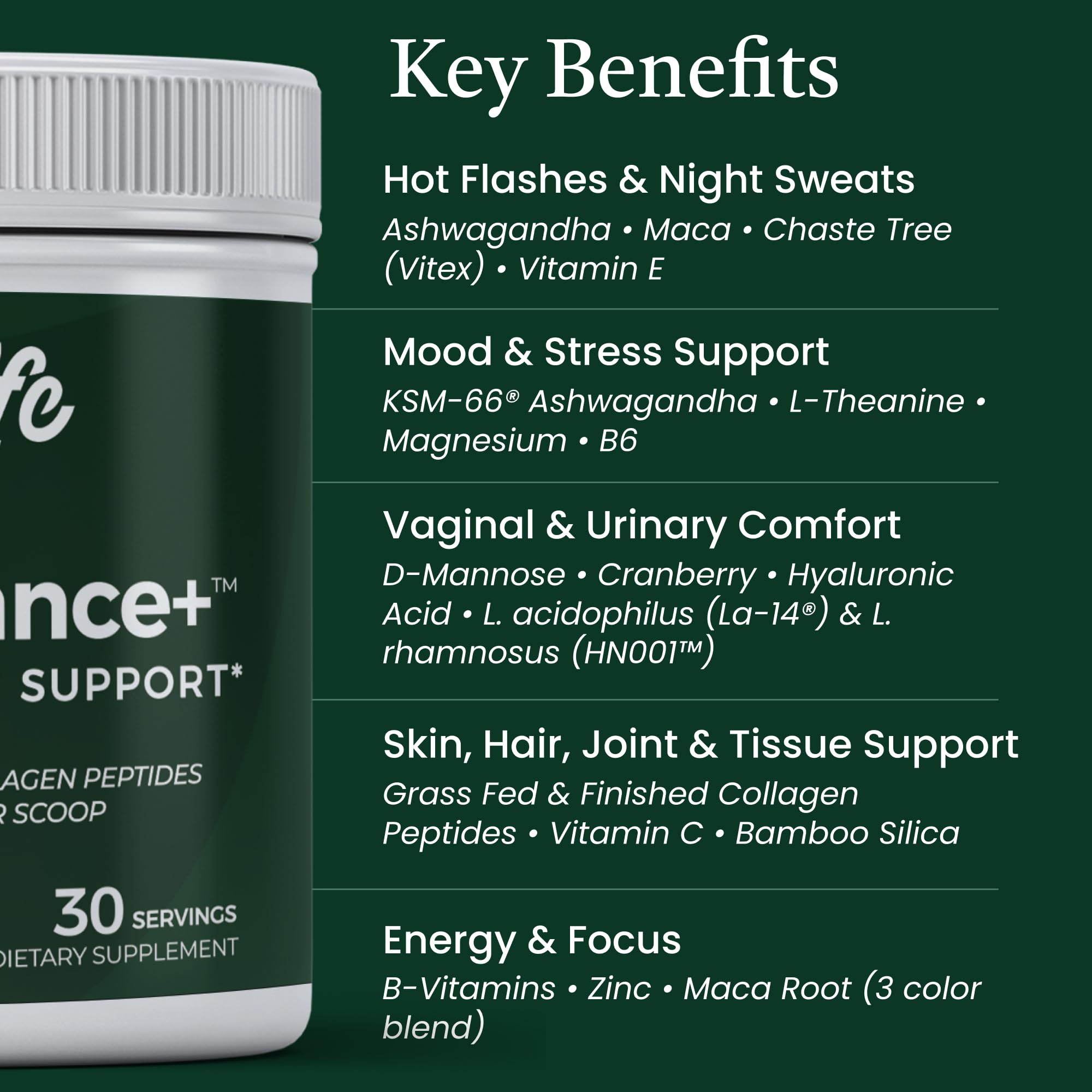 NewLife Naturals MenoBalance+ probiotic blend closeup shows gut and vaginal wellness support