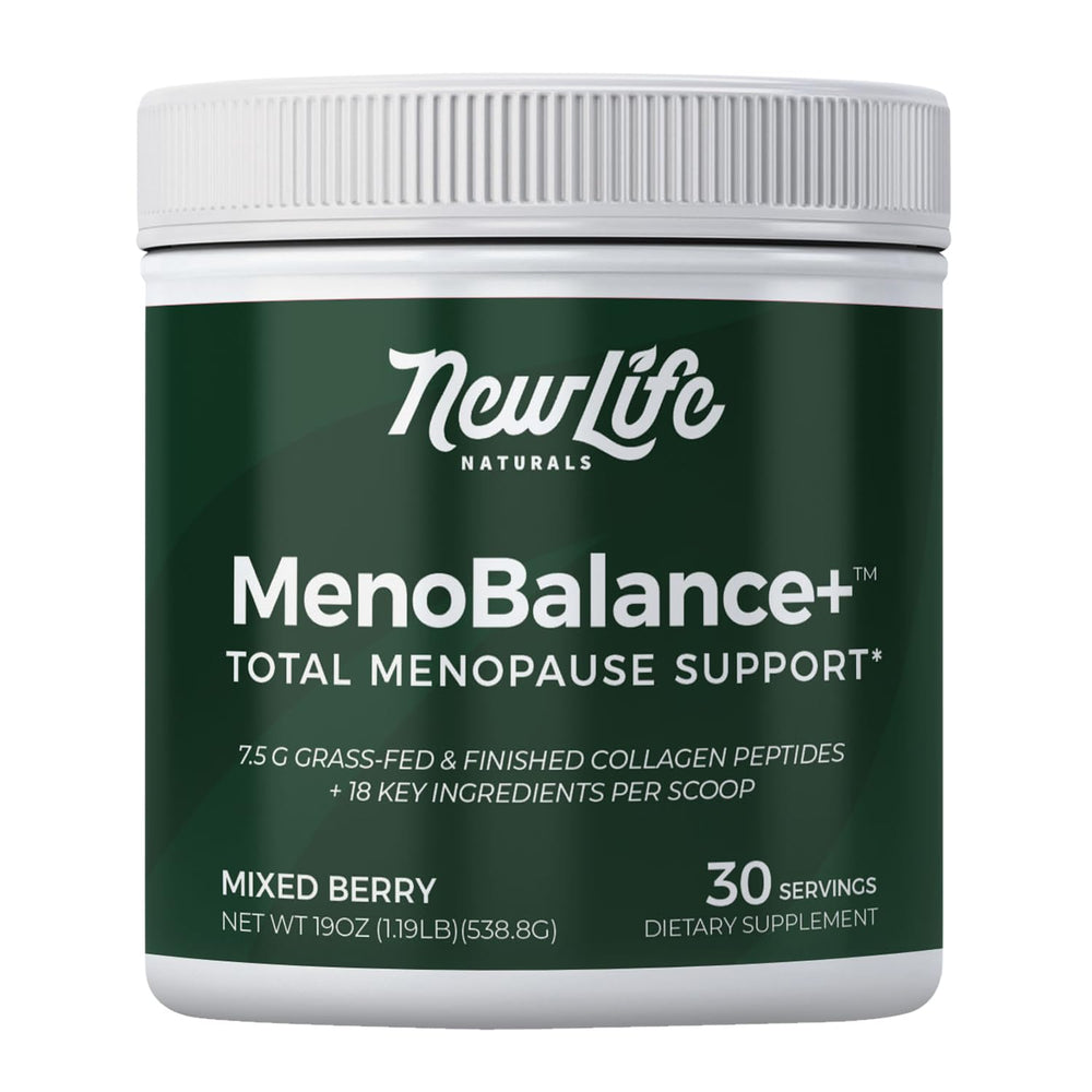 NewLife Naturals MenoBalance+ tub closeup highlighting collagen and probiotic blend for skin and gut support