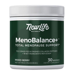NewLife Naturals MenoBalance+ tub closeup highlighting collagen and probiotic blend for skin and gut support