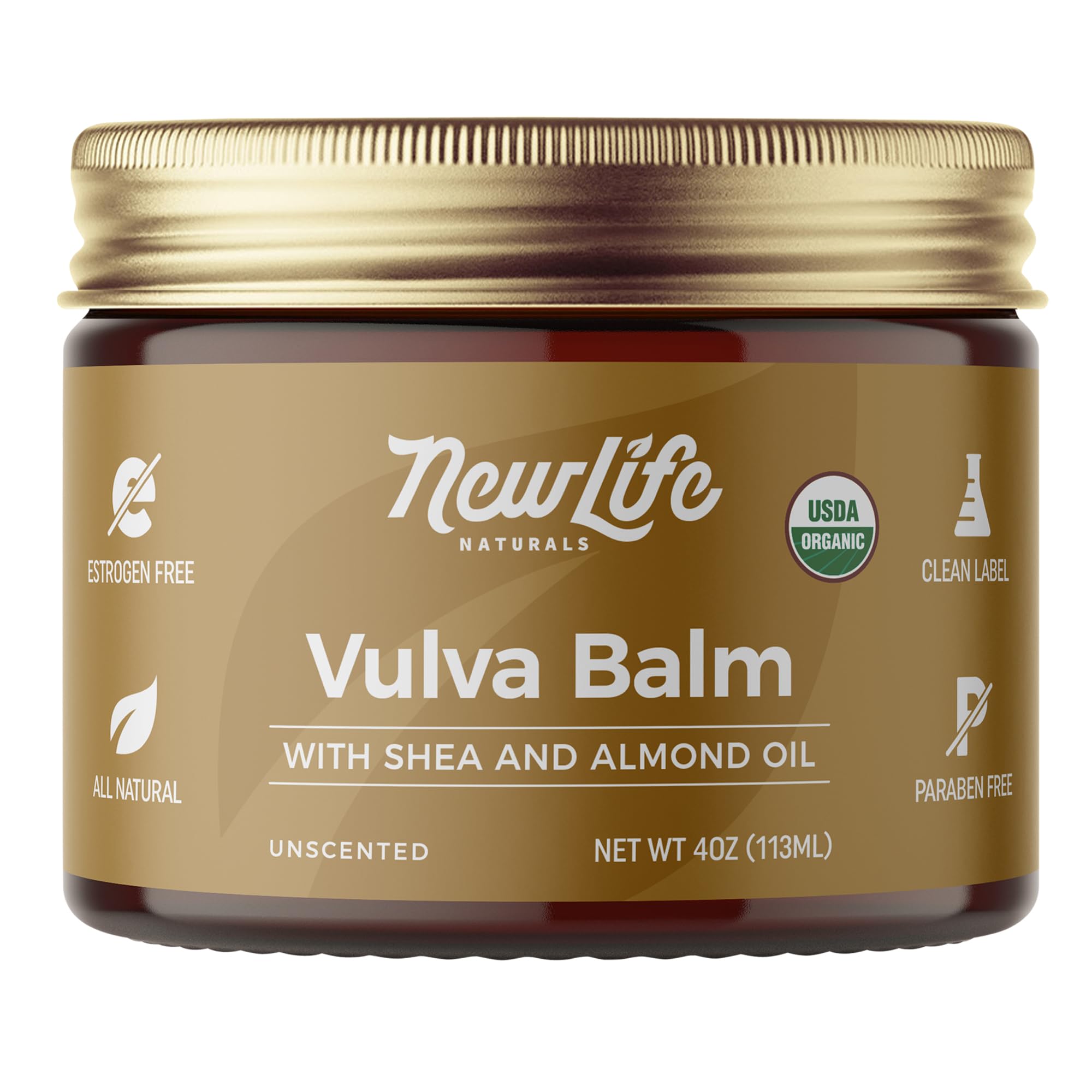 NewLife Naturals Vulva Balm Butter jar close-up highlighting rich, hydrating formula for daily moisture.