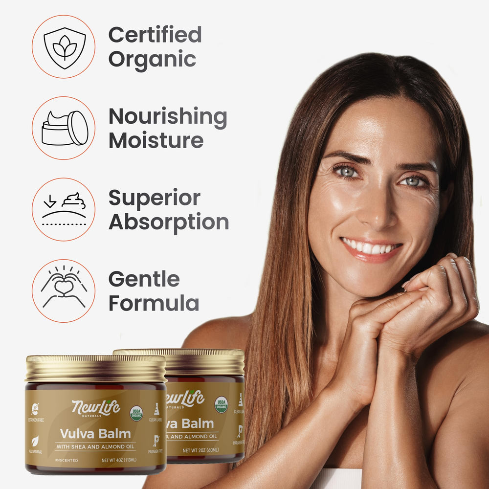 NewLife Naturals Olive Oil and Beeswax blend in Vulva Balm Butter nourishes delicate skin.