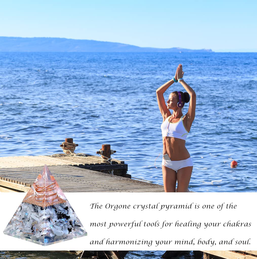 NewMainOne Rainbow Moonstone orgonite pyramid in a bedroom scene promotes restful energy.