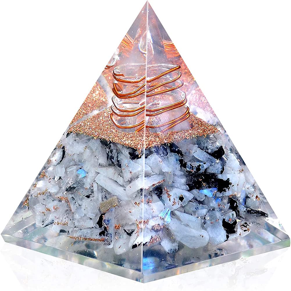NewMainOne Rainbow Moonstone orgonite pyramid closeup highlights craftsmanship and calm energy.