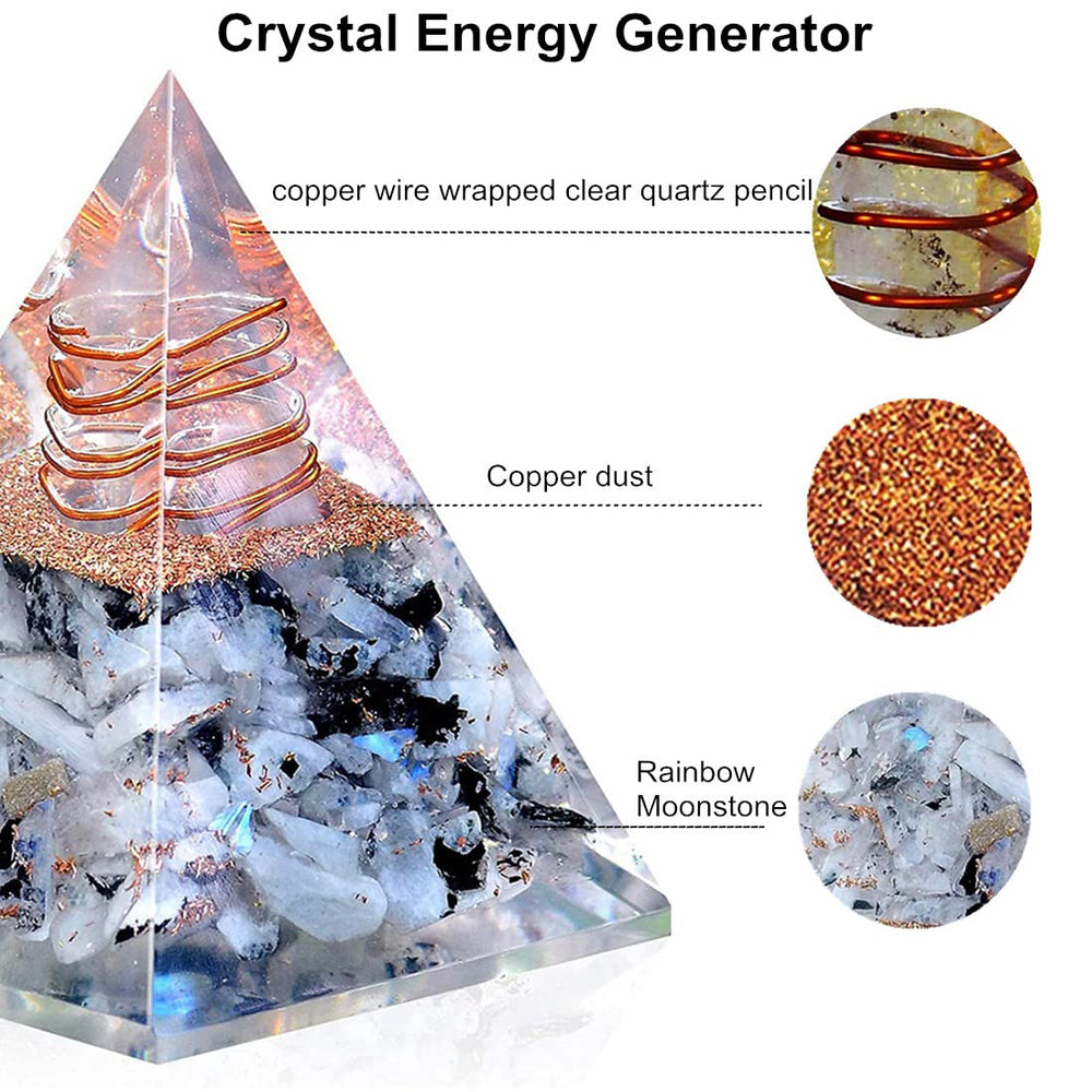 NewMainOne Rainbow Moonstone orgonite pyramid in living room creates balanced ambiance.