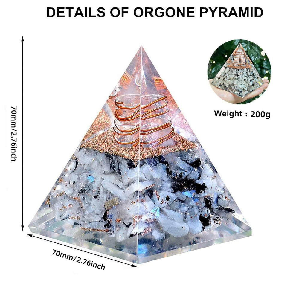 NewMainOne Rainbow Moonstone orgonite pyramid on desk supports focus during work.
