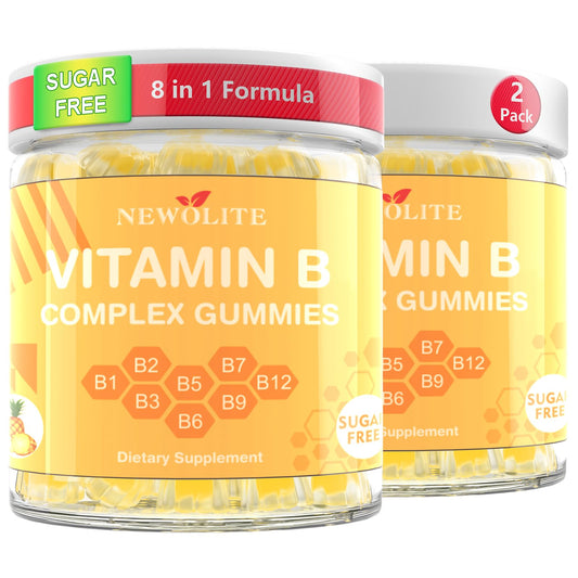 NEWOLITE B Complex Gummies bottle front shows pineapple flavor for daily energy support.