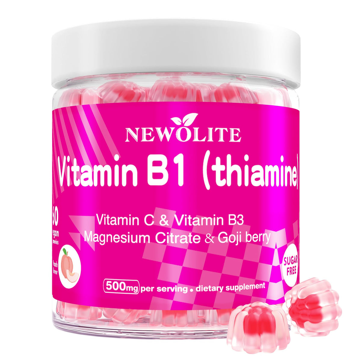 NEWOLITE B1 Gummies bottle showing peach flavor for easy daily vitamin intake