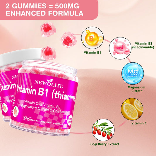 NEWOLITE B1 gummies close-up with soft chew texture ideal for convenient supplementation