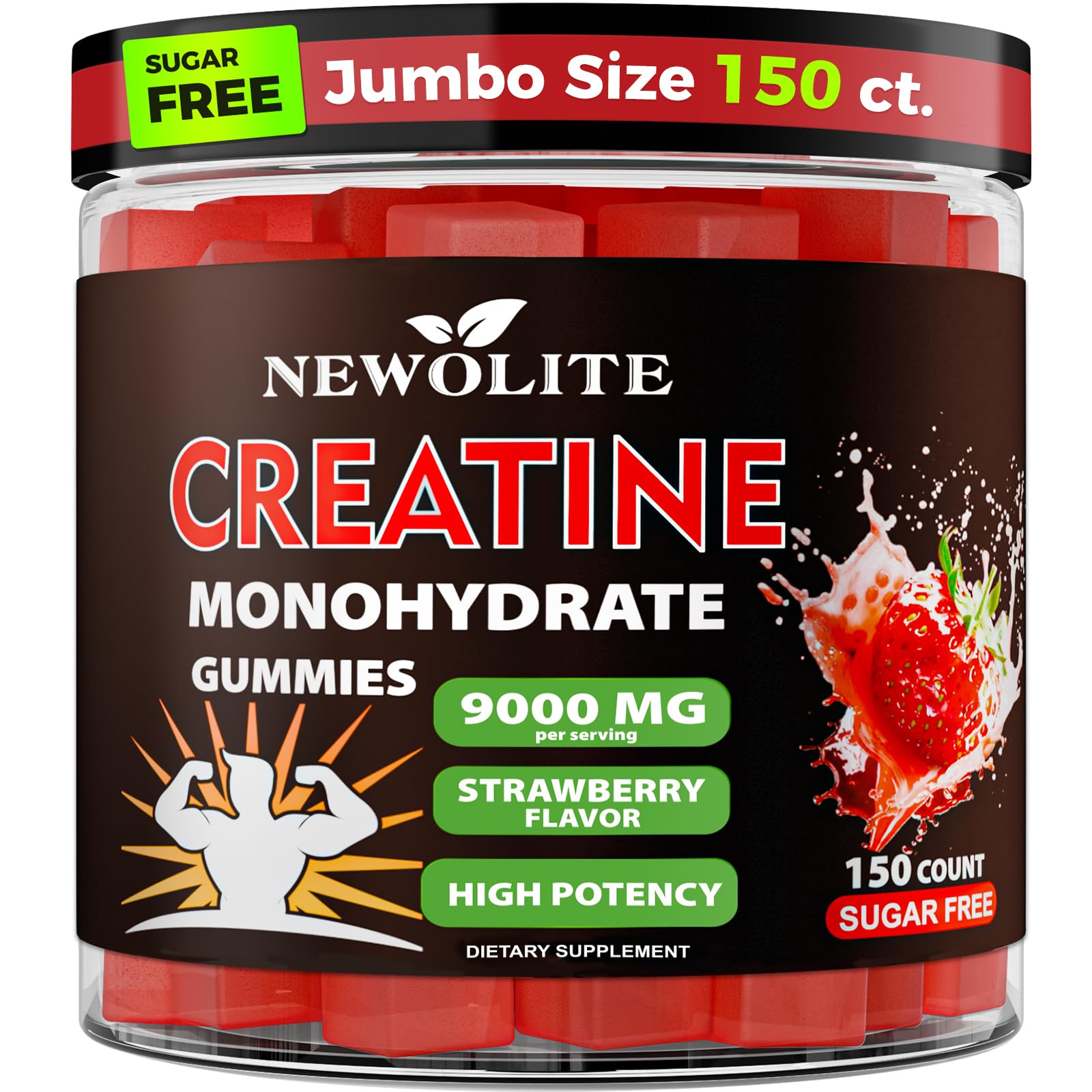 NEWOLITE Creatine Monohydrate Gummies bottle front showing strawberry flavor for daily use