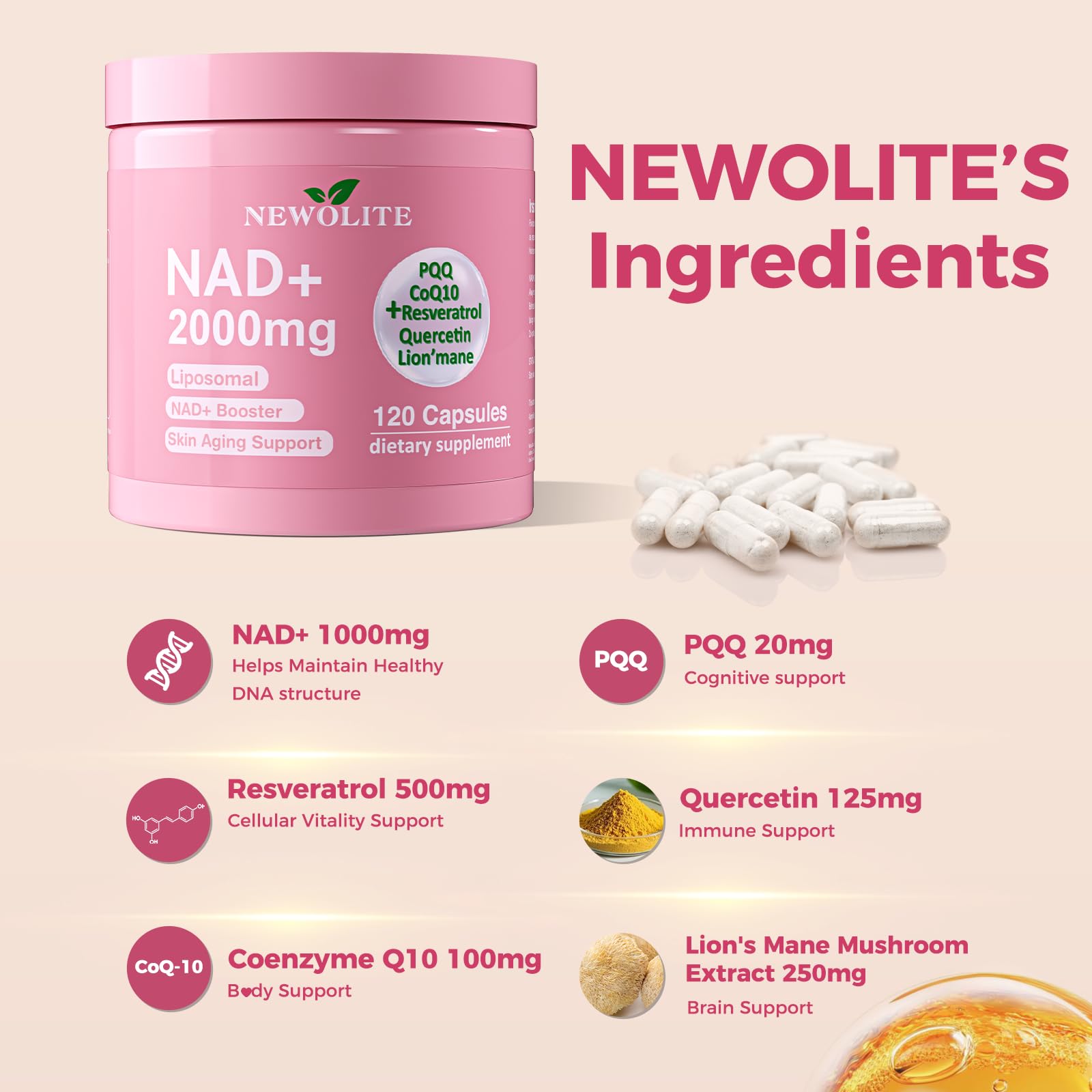 Newolite NAD+ bottle side shows dosage guidance for two capsules.