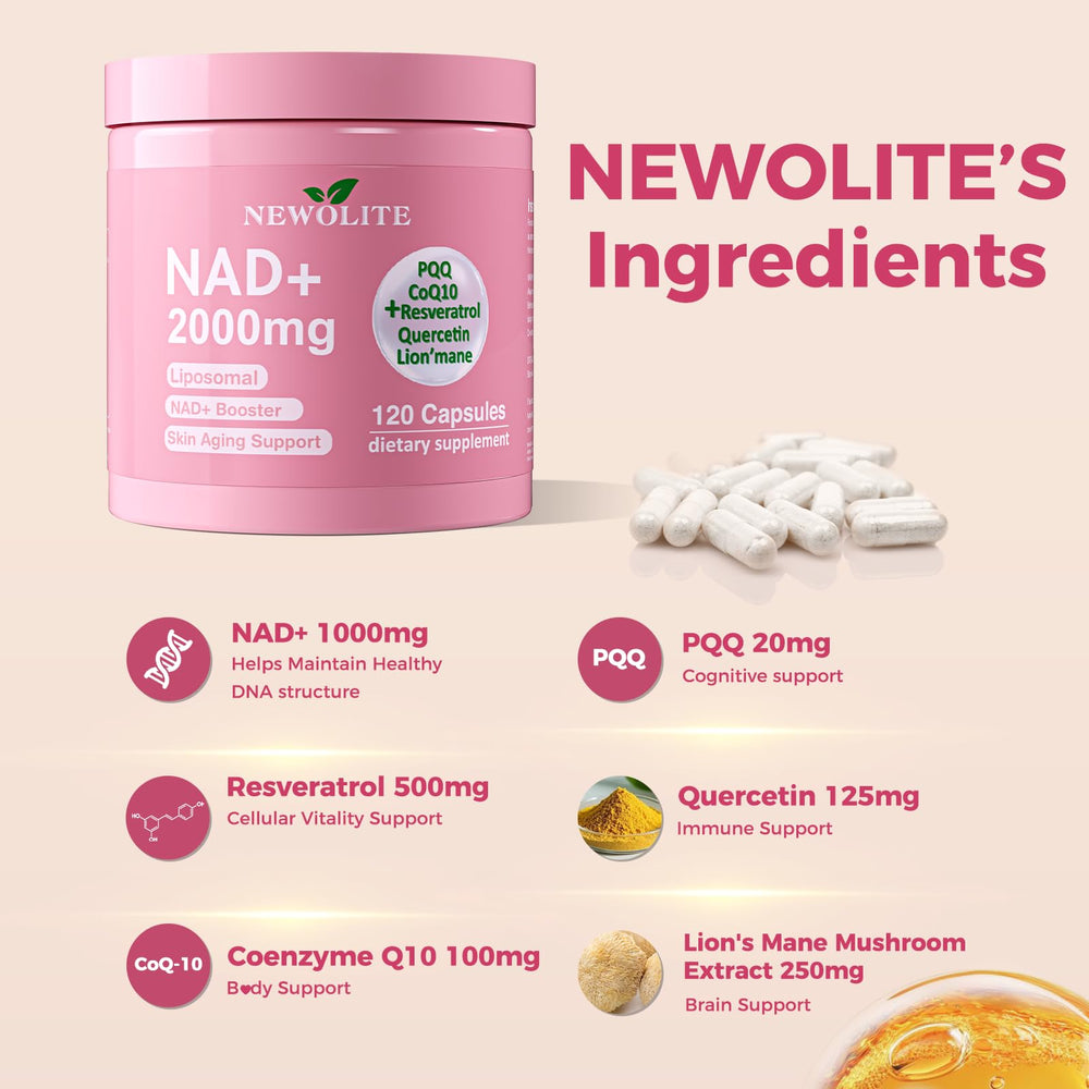 Newolite NAD+ bottle side shows dosage guidance for two capsules.