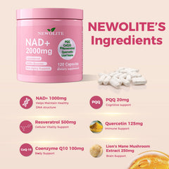 Newolite NAD+ bottle side shows dosage guidance for two capsules.