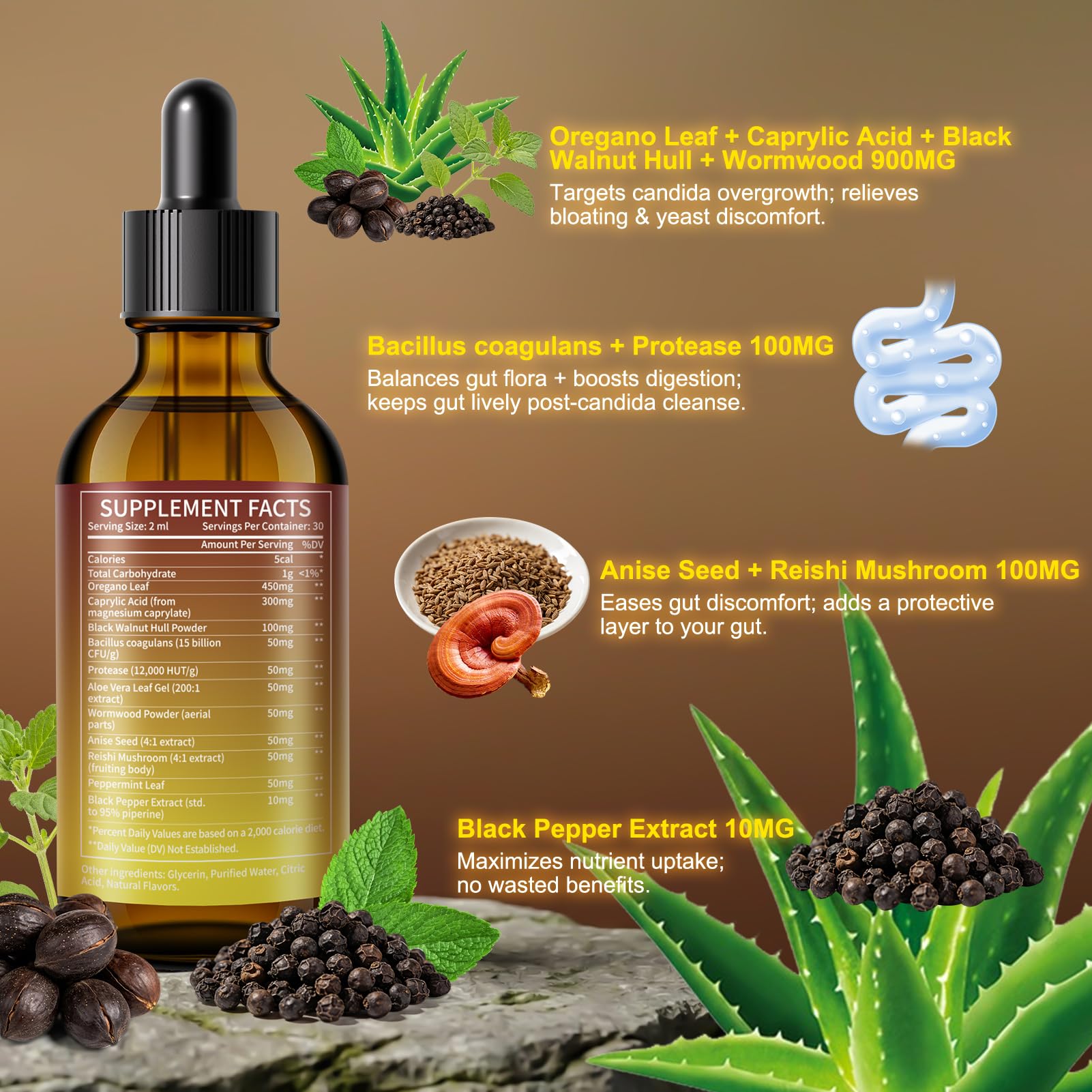 Newpie Candida Cleanse drops with dropper for easy daily dosing.