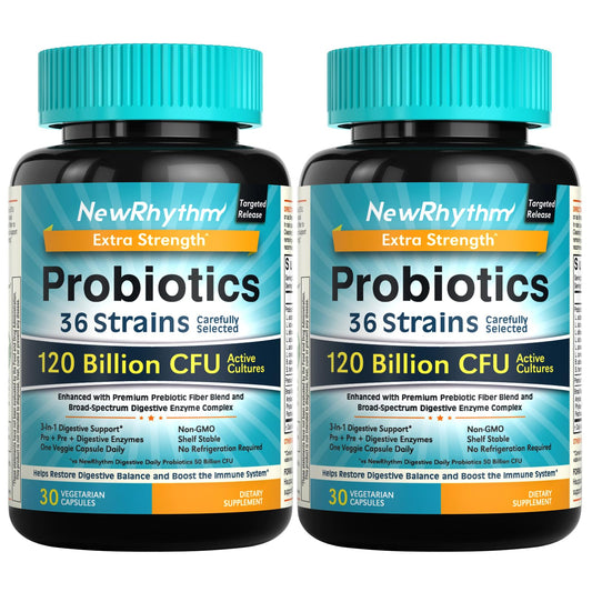NewRhythm Probiotics 120 Billion CFU bottle supports gut balance.
