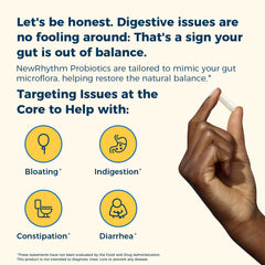 NewRhythm Probiotics 20 strains graphic label signals diverse gut flora support