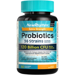 NewRhythm Probiotics bottle front highlights 120B CFU for gut balance.