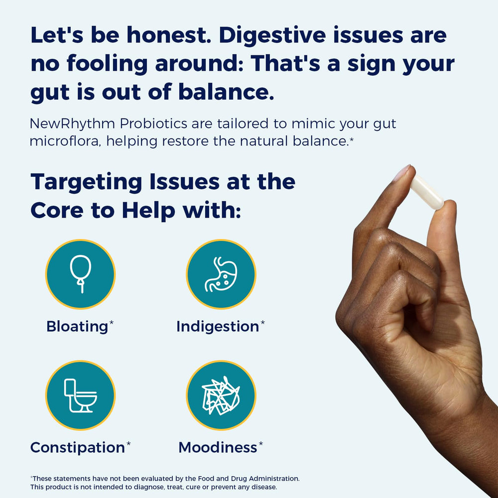 NewRhythm Probiotics prebiotics and enzymes blend supports digestion.