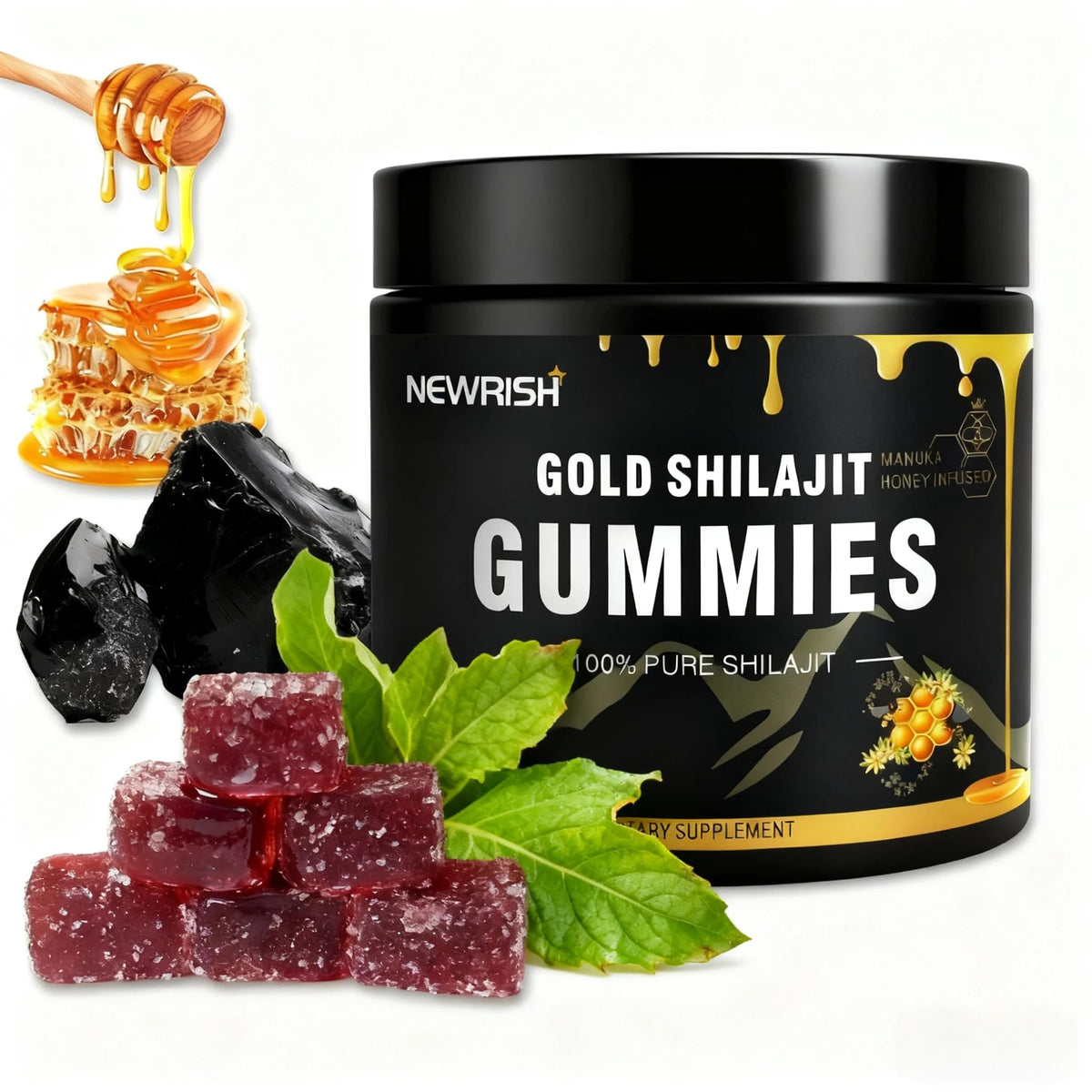 Newrish Shilajit Gummies bottle: natural daily supplement for vitality.