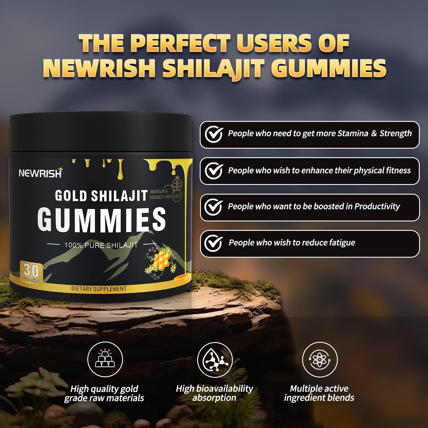 Newrish Shilajit Gummies fulvic acid visual highlighting mineral support
