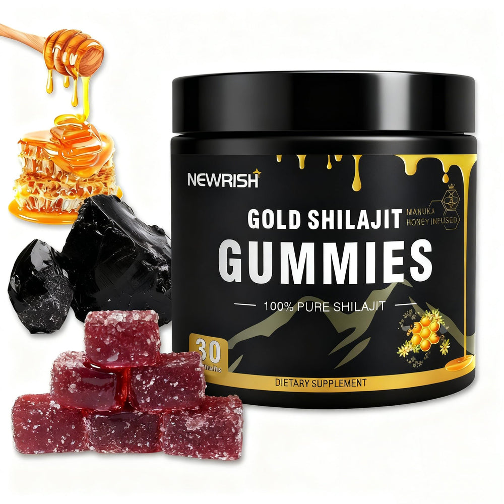 Newrish Shilajit Gummies with Manuka honey close-up showing premium flavor and minerals