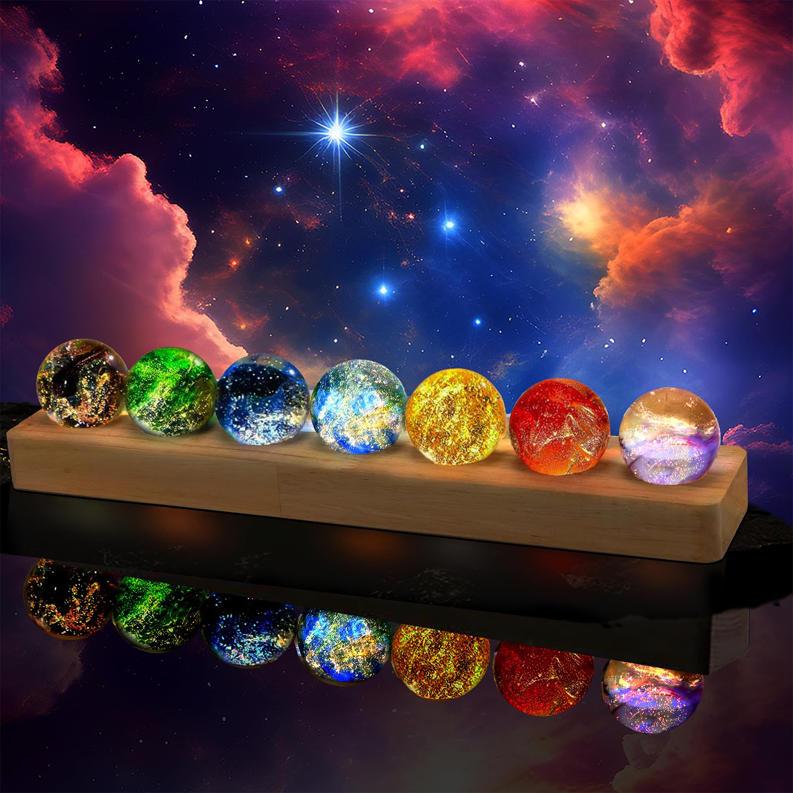 NewRiu 7 chakra stones on LED stand for meditation focus.