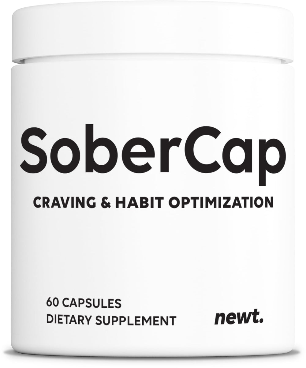 Newt SoberCap bottle close-up shows craving-control support in a tidy workspace.