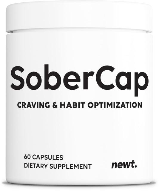 Newt SoberCap bottle close-up shows craving-control support in a tidy workspace.