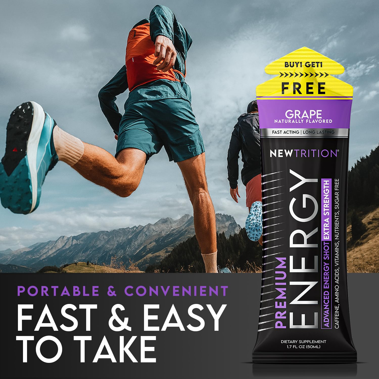 NewTrition Energy Shot label highlighting B vitamins and amino acids for energy support