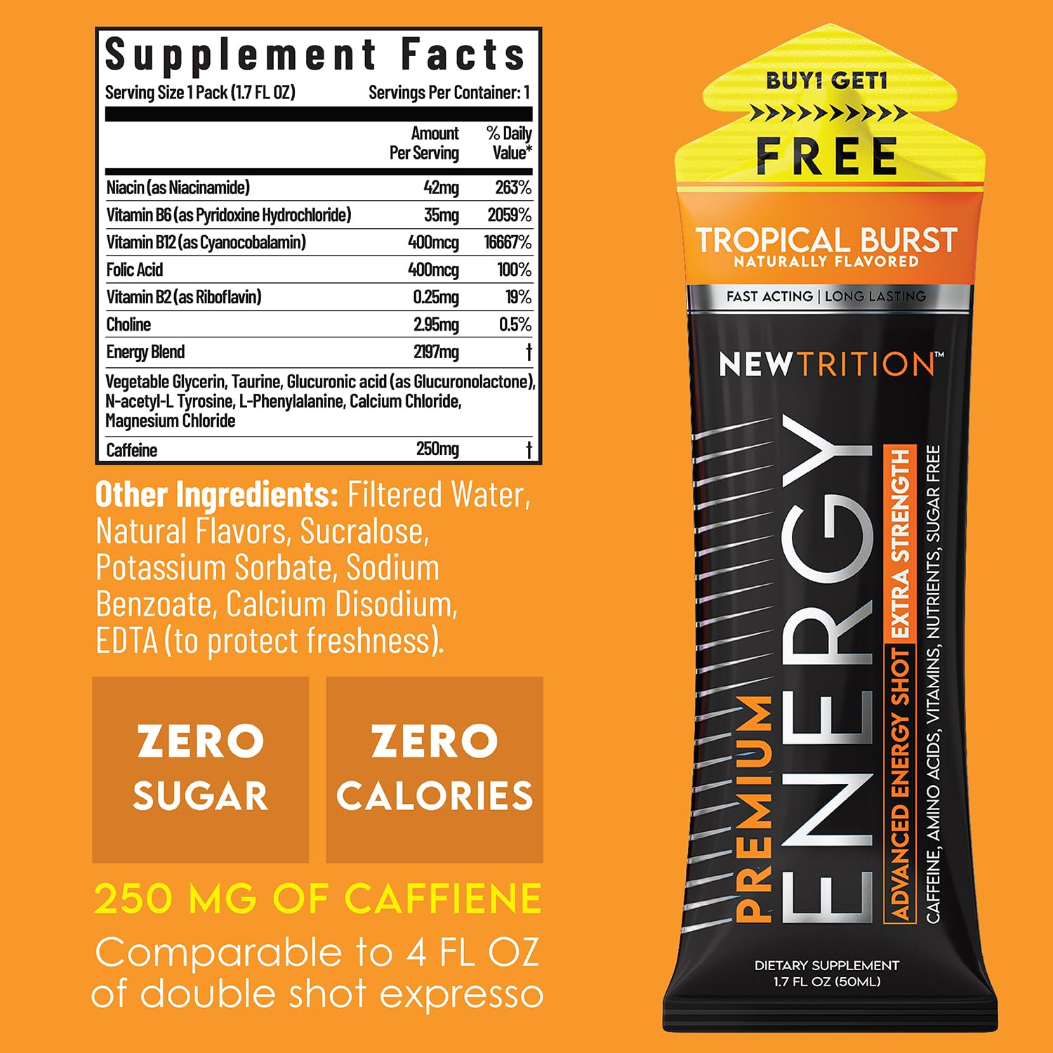 NewTrition Blue Raspberry energy shot bottle delivers quick alertness and caffeine