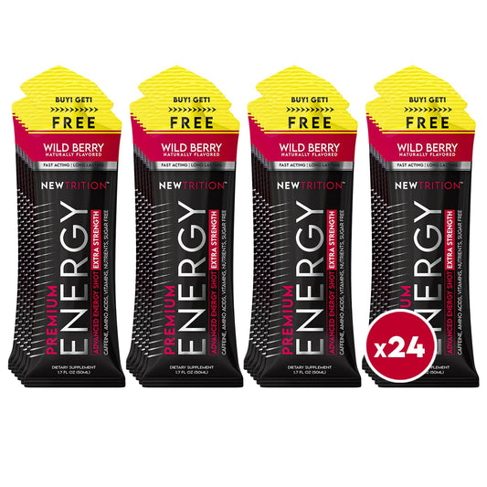 NewTrition Extra Strength Energy Shot Wild Berry front label highlights caffeine and vitamins