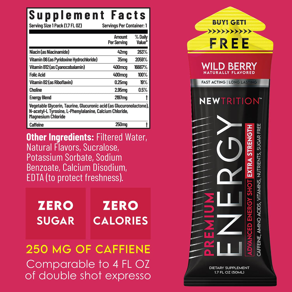 NewTrition energy shot Wild Berry being poured for a quick energy boost