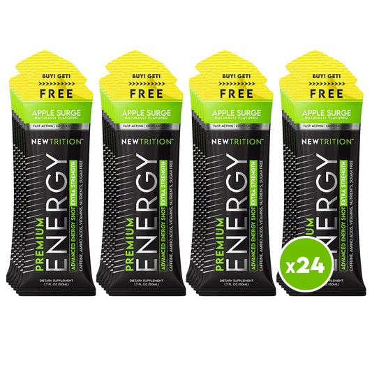 NewTrition Apple Surge energy shot bottle, zero calories, on-the-go focus.