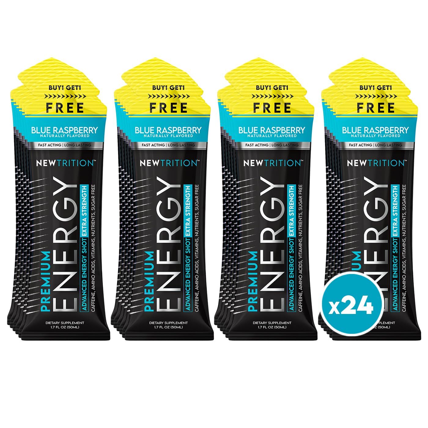 NewTrition Extra Strength Energy Shot blue-raspberry bottle boosts focus on the go