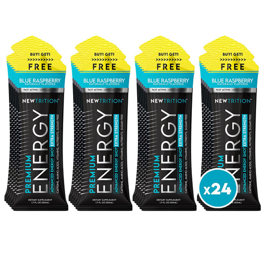 NewTrition Extra Strength Energy Shot blue-raspberry bottle boosts focus on the go