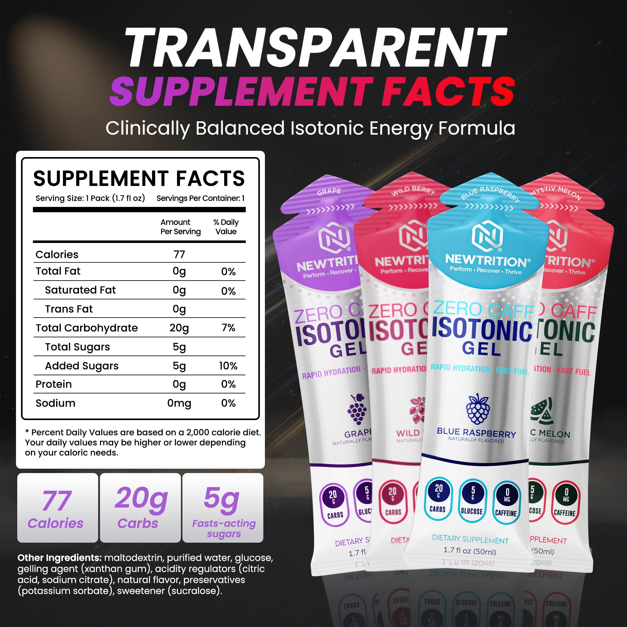 NewTrition Isotonic Energy Gel Zero Caffeine for lightweight, steady fueling.