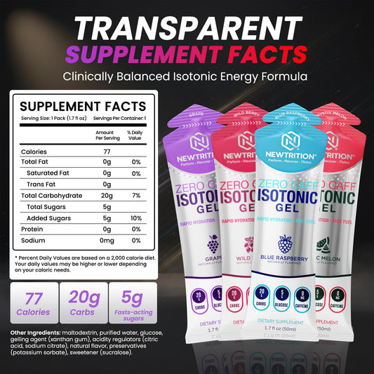 NewTrition Isotonic Energy Gel Zero Caffeine for lightweight, steady fueling.