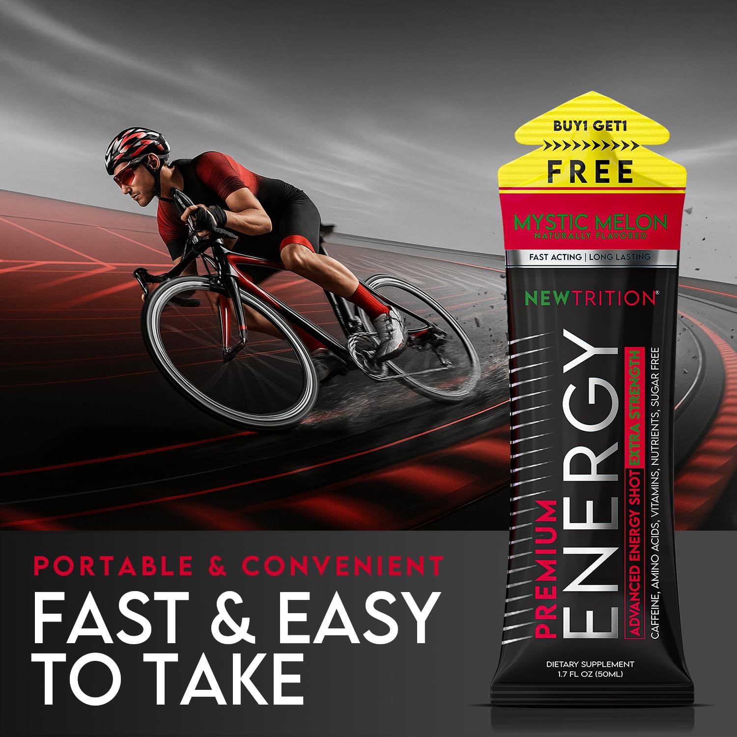 NewTrition Mystic Melon energy shot display showcases convenient size for workouts