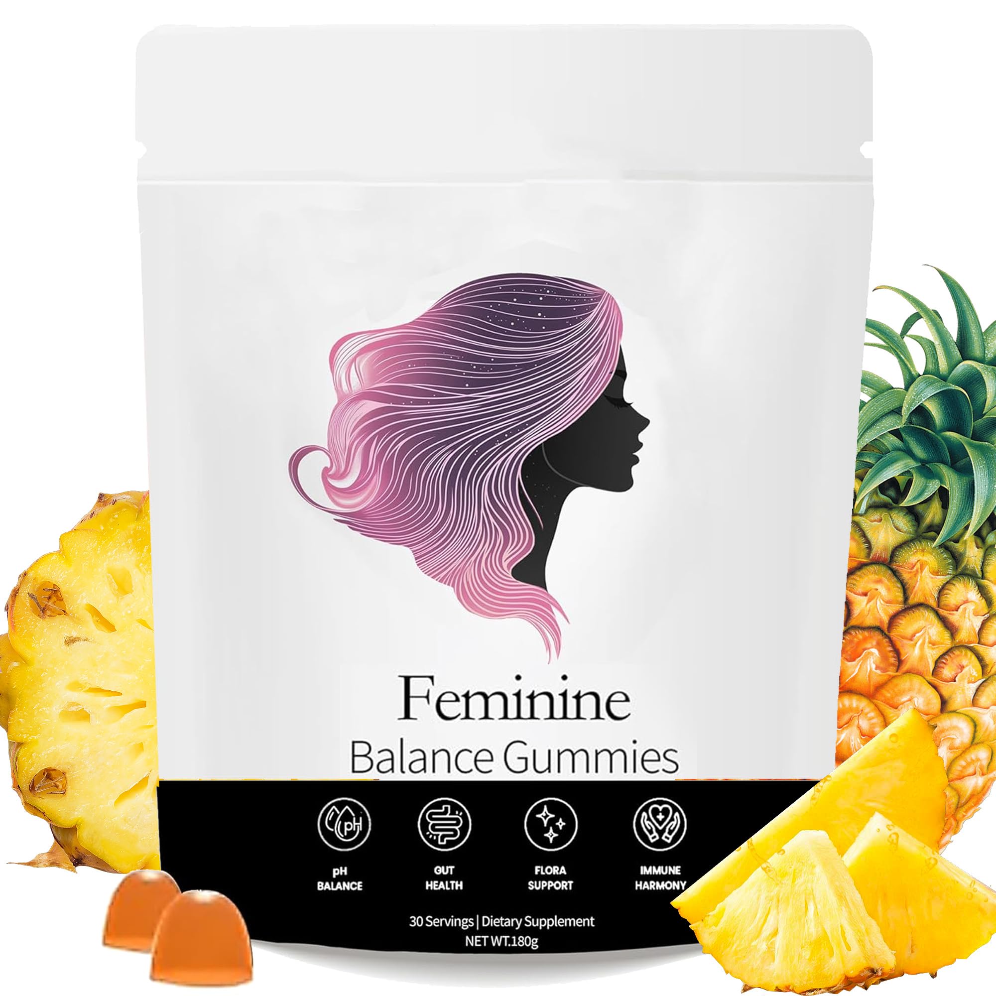NEWUREHO Feminine Balance Gummies bottle showing pineapple flavor and daily probiotic blend.