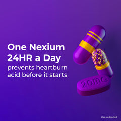 Nexium 24HR bottle on shelf showing convenient daily relief.