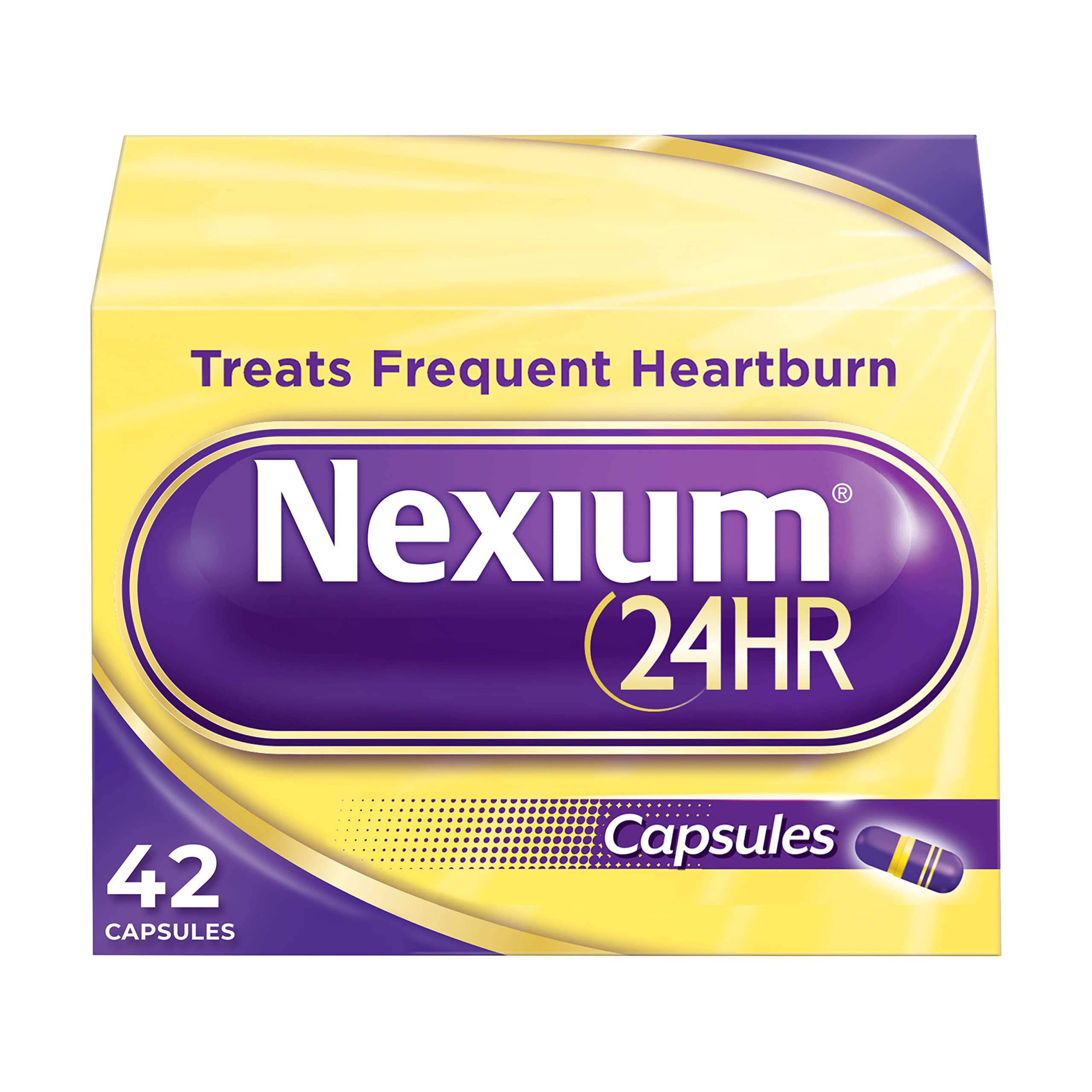 Nexium 24HR capsules close-up highlighting delayed-release for daily protection.