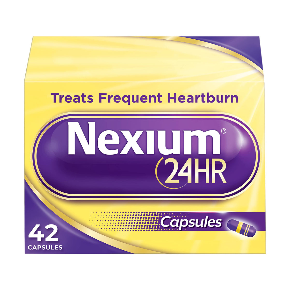 Nexium 24HR capsules close-up highlighting delayed-release for daily protection.