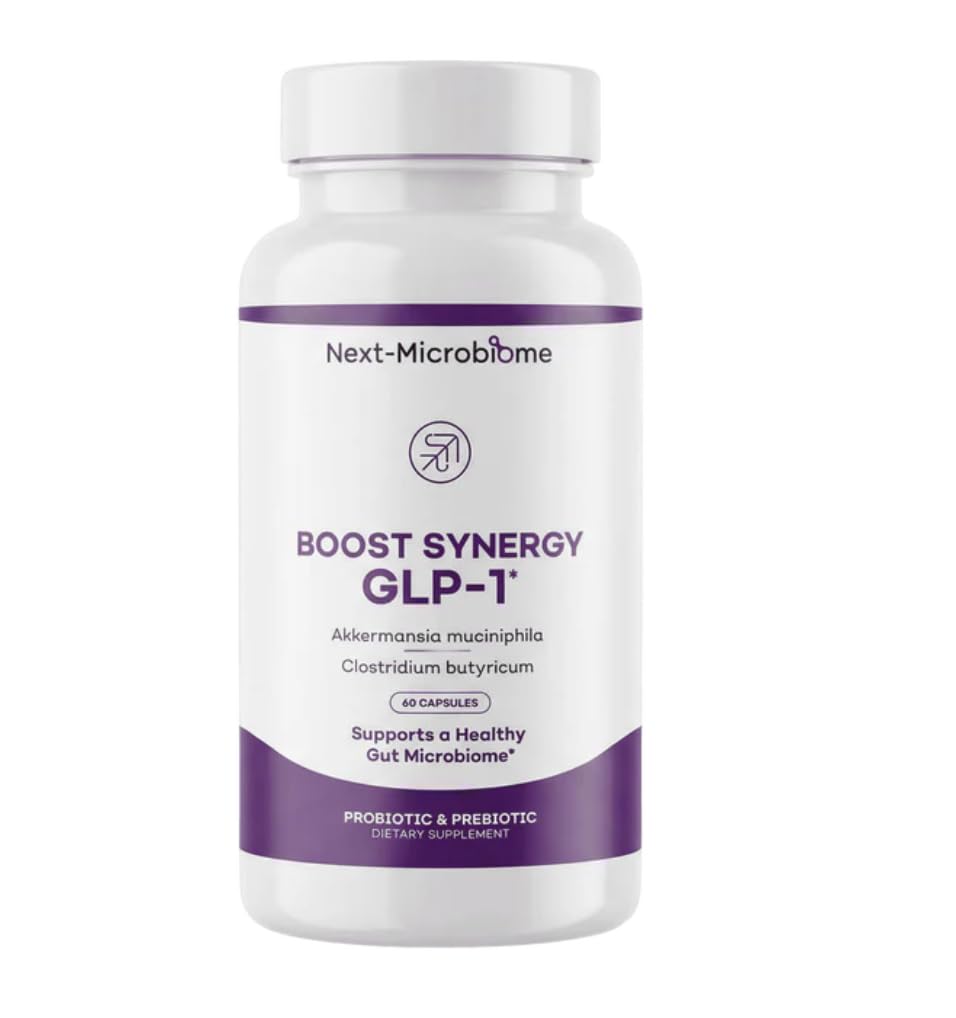 Next-Microbiome Boost Synergy bottle close-up highlights probiotic blend benefits
