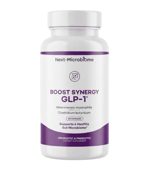 Next-Microbiome Boost Synergy bottle close-up highlights probiotic blend benefits