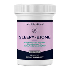 Sleepy-Biome bottle front view by NEXT-MICROBIOME for calm, melatonin-free sleep support