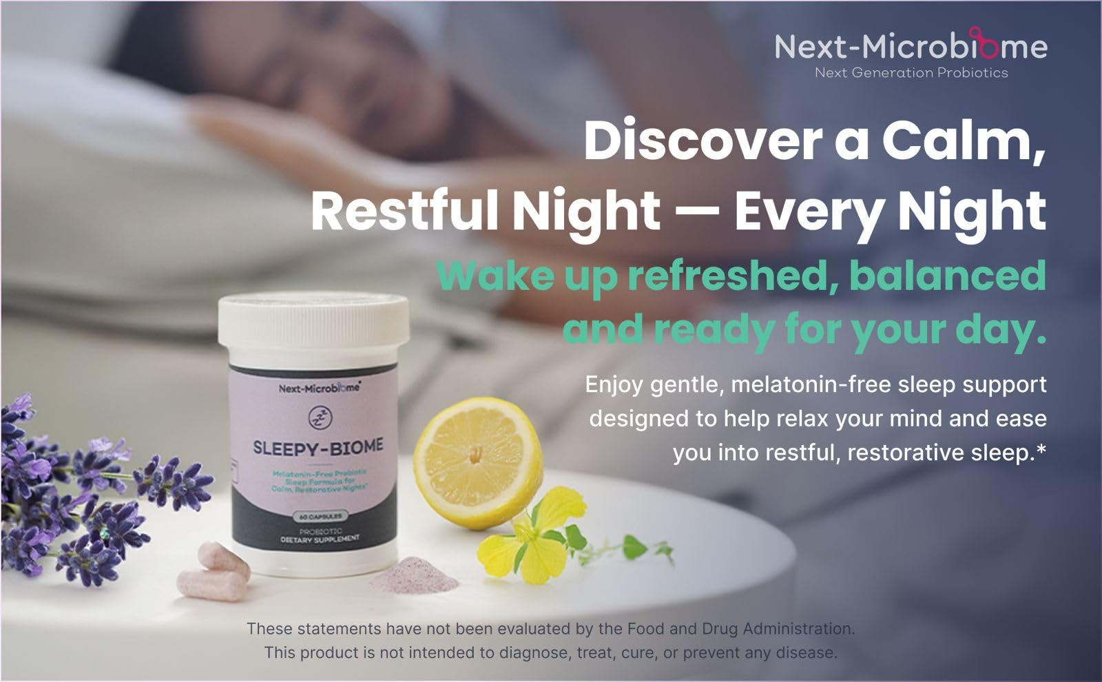 Sleepy-Biome capsules close-up highlighting non-melatonin sleep support