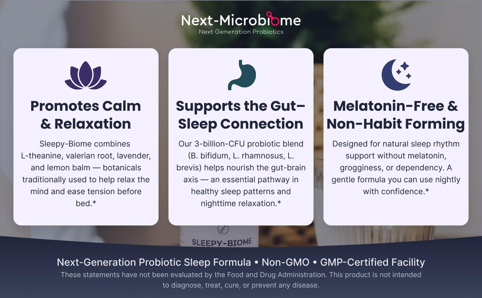 Sleepy-Biome label design showing clean, premium nightly formula