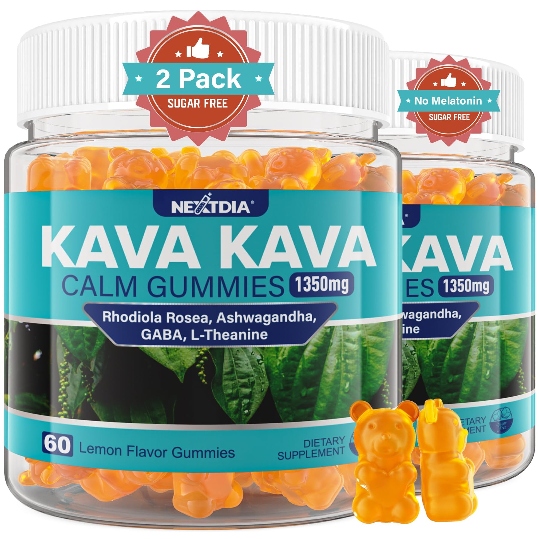 Nextdia 2Pack Kava Kava Gummies bottle label shows calm, daily support.