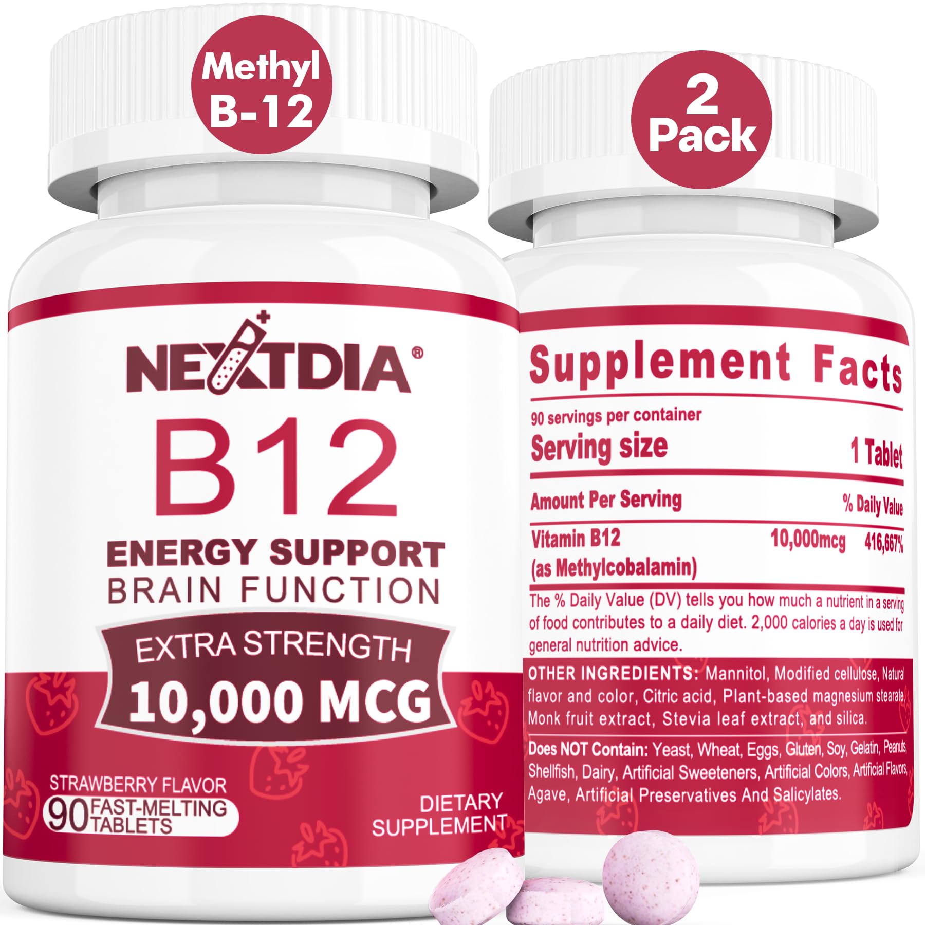 Nextdia B12 10000 mcg tablet close-up highlighting energy support