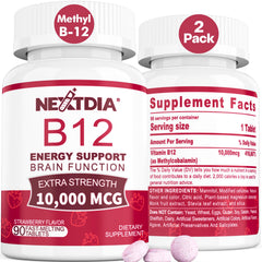 Nextdia B12 10000 mcg tablet close-up highlighting energy support